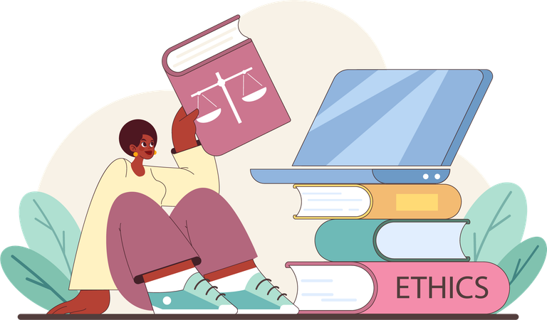 Person engrossed in literature on ethics, beside a laptop and stacked books  Illustration