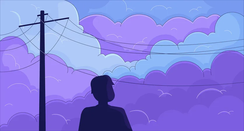 Person Enjoying Dawn Standing Under Power Lines Lofi Wallpaper Human Silhouette Against Cloudy Sky 2 D Cartoon Flat Illustration Contemplation Chill Vector Art Lo Fi Aesthetic Colorful Background Illustration