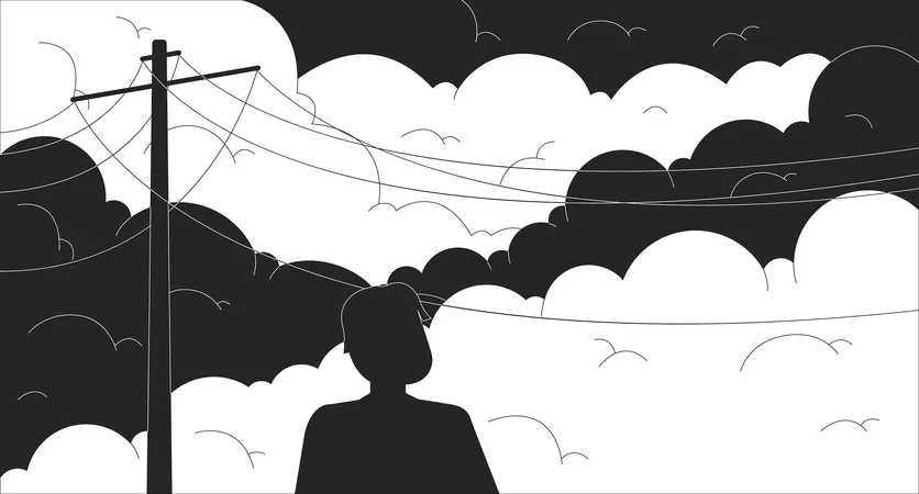 Person Enjoying Dawn Standing Under Power Lines Black And White Lofi Wallpaper Human Silhouette Against Cloudy Sky 2 D Outline Cartoon Flat Illustration Relax Vector Line Lo Fi Aesthetic Background Illustration