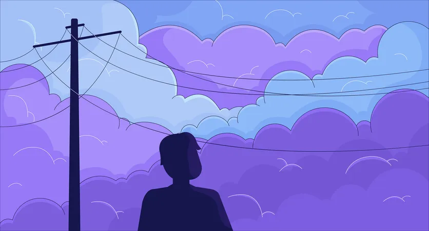 Person enjoying dawn standing under power lines  Illustration