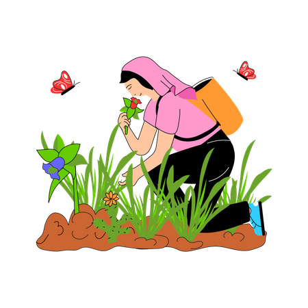 Person enjoying the scent of a blooming flower  Illustration