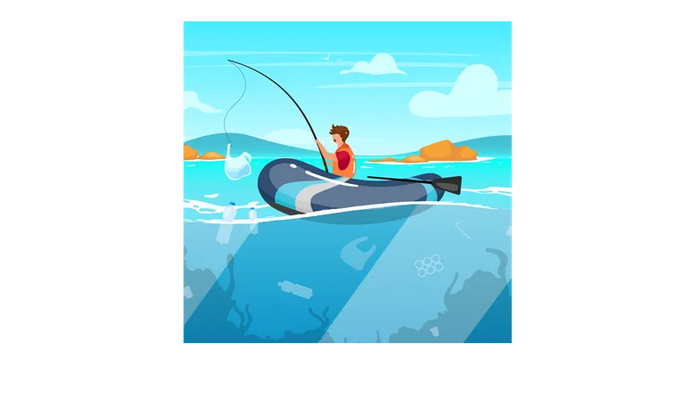Person fishing in sea full of garbage Illustration
