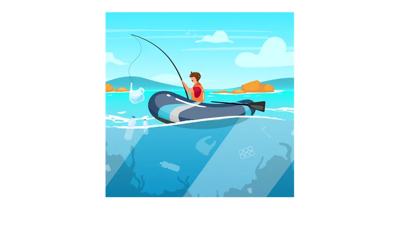 Person fishing in sea full of garbage  Illustration