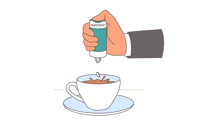 Person hand adds sweetener to coffee to make drink sweeter without use of sugar  Illustration