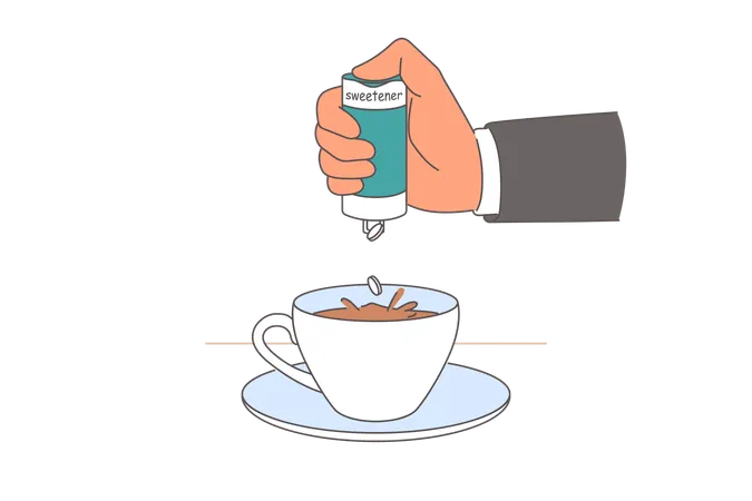 Person hand adds sweetener to coffee to make drink sweeter without use of sugar  Illustration