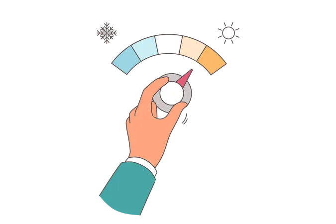 Person hand controls thermostat and increases supply of cold air in office  Illustration