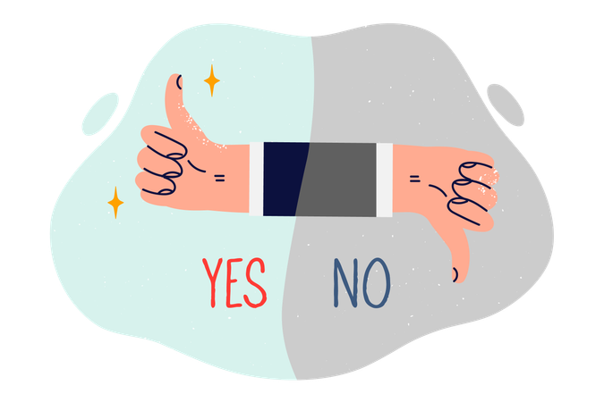 Person hand shows thumbs up and thumbs down for nonverbal approval or protest against proposal made  Illustration