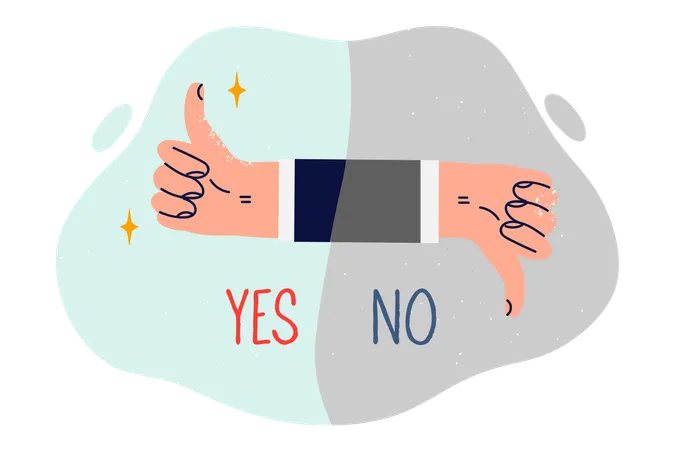 Person hand shows thumbs up and thumbs down for nonverbal approval or protest against proposal made  Illustration