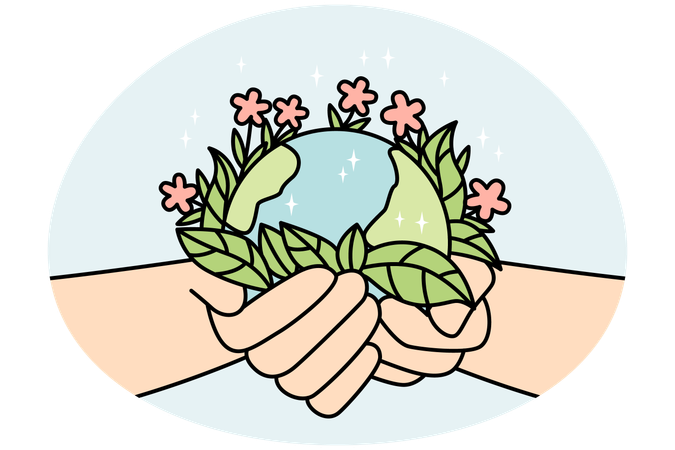 Person hands holding planet earth with blooming flowers  Illustration