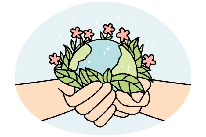 Person hands holding planet earth with blooming flowers  Illustration