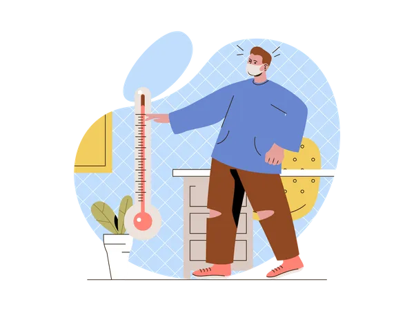 Person having fever checking temperature using thermometer Illustration