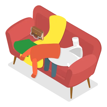 Person having messy house with clothes lying all over sofa  Illustration