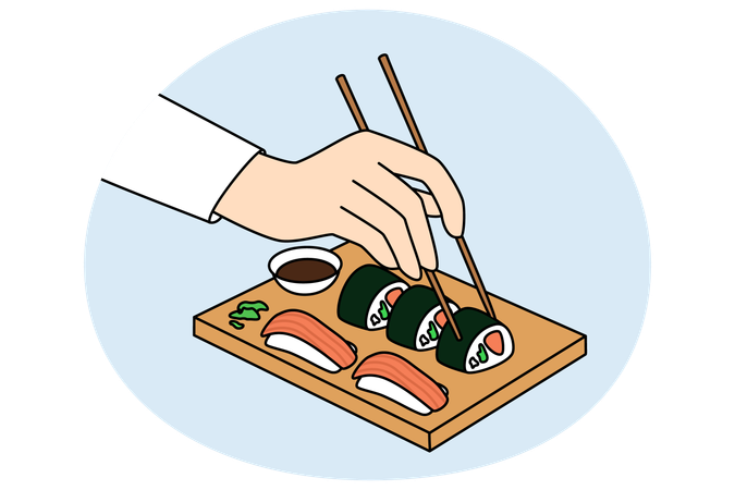 사람이 젓가락을 잡고 초밥을 먹고 있다  일러스트레이션