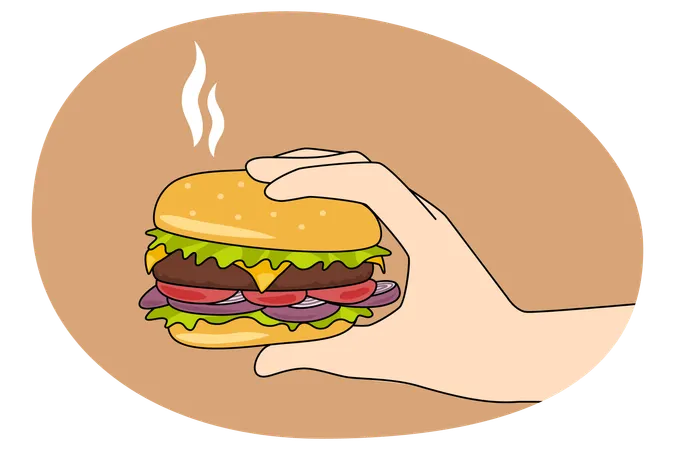 사람이 신선하고 맛있는 버거를 들고 있습니다  일러스트레이션