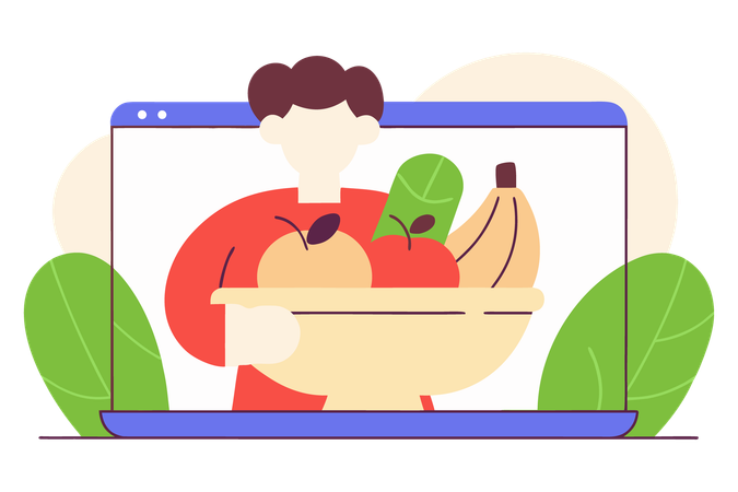 Person holding a bowl of fruit on a laptop screen  Illustration