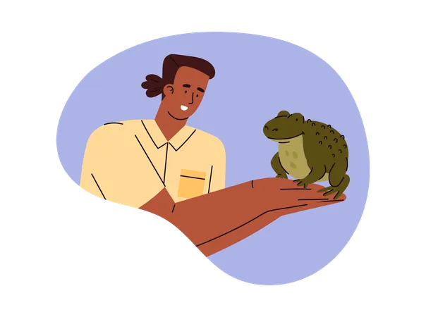 Person holds a green big frog in hands  Illustration