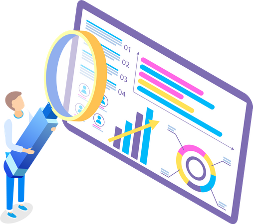 Person holds magnifier for business analysis  Illustration