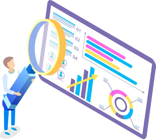 Man With Huge Magnifier Is Looking At The Giant Screen Tablet With Pie And Bar Charts Creative Illustration Of Business Processes Person Holding Big Loupe Near Colorful Screen Presentation Illustration