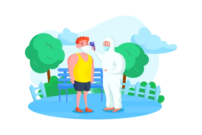 Person in hazmat suit checking the temperature of people in park Illustration