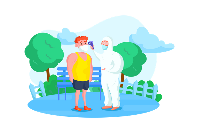 Person in hazmat suit checking the temperature of people in park  Illustration