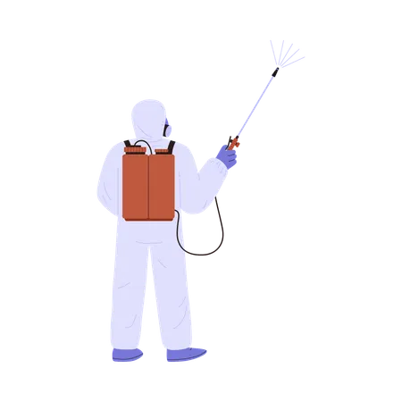 Person in hazmat suit spraying disinfection liquid  Illustration