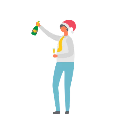 Person In Santa Claus Hat Celebrating Christmas Male Character With Glass Of Champagne And Bottle In Hand Wishes Happy Holidays Vector Isolated Icon Illustration