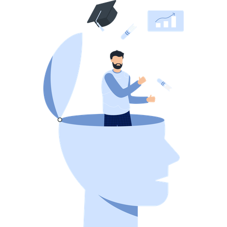 Person inside a head with graduation cap and growth chart representing knowledge and education  Illustration
