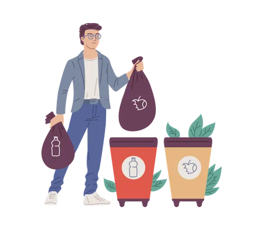 Person is putting rubbish in trash bins dumpsters  Illustration