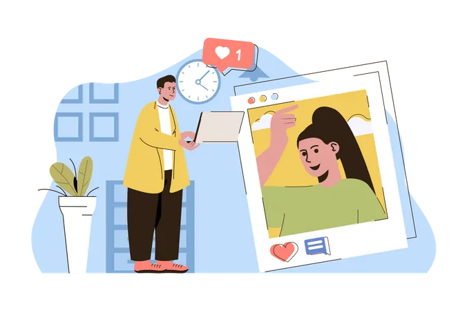 Network Interaction Concept Man Likes Post With Photo Of Woman On Social Networks Situation Follower In Blog People Scene Vector Illustration With Flat Character Design For Website And Mobile Site Illustration