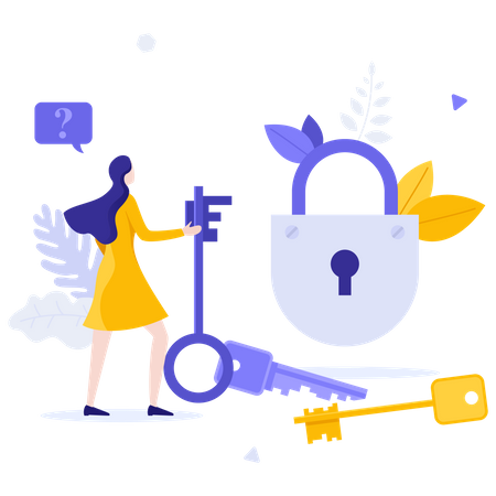 Person Looking At Padlock And Keys  Illustration