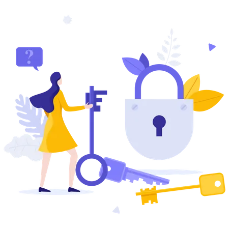 Person Looking At Padlock And Keys  Illustration