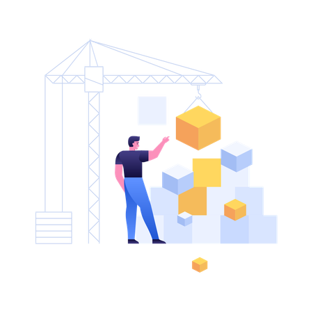 Person managing interconnected blocks with crane  Illustration