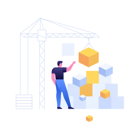 Person managing interconnected blocks with crane  Illustration