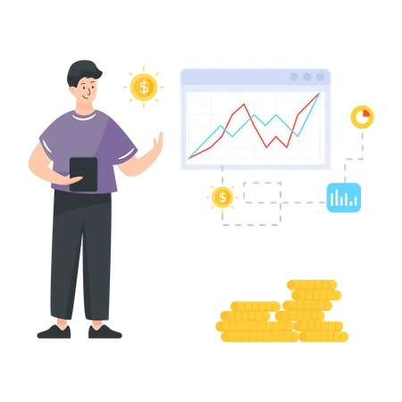 Person managing investment through technical analysis Illustration