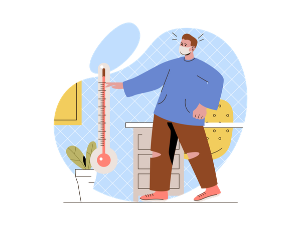 Person mit Fieber überprüft Temperatur mit Thermometer  Illustration