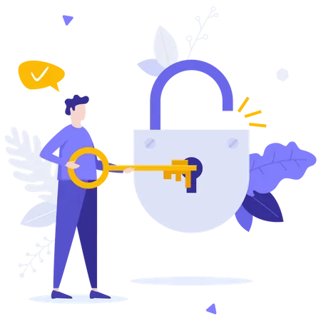 Person Opening Padlock With Key  Illustration