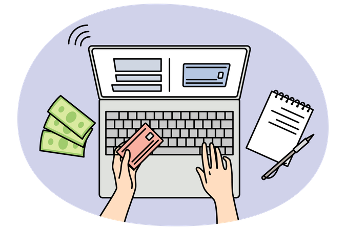 Person paying online on laptop paying with credit card  Illustration
