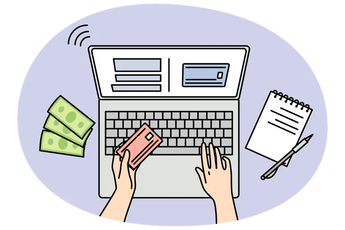 Person paying online on laptop paying with credit card  Illustration