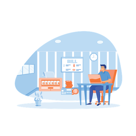 Person prüft Heizkostenzähler und bezahlt Haushaltsrechnung auf Website  Illustration
