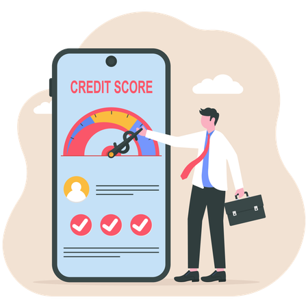 Person Pushing Credit Score Speedometer from Poor to Good  Illustration