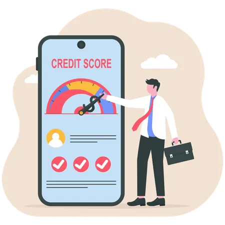 Person Pushing Credit Score Speedometer from Poor to Good  Illustration