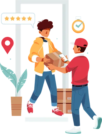 Person Receiving a Package from Courier and Giving a 5-Star Rating  Illustration