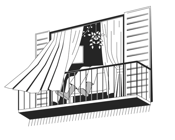 Person Relaxing Bw Concept Vector Spot Illustration Balcony View Wind Blow Curtains 2 D Cartoon Flat Line Monochromatic Character For Web UI Design Editable Isolated Outline Hero Image 일러스트레이션