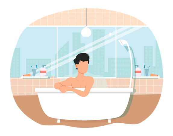 Person resting in bathroom. Guy is steaming in bath. Man sitting in bathtub with hot water Illustration