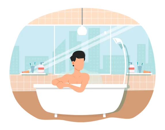 Person resting in bathroom. Guy is steaming in bath. Man sitting in bathtub with hot water  Illustration
