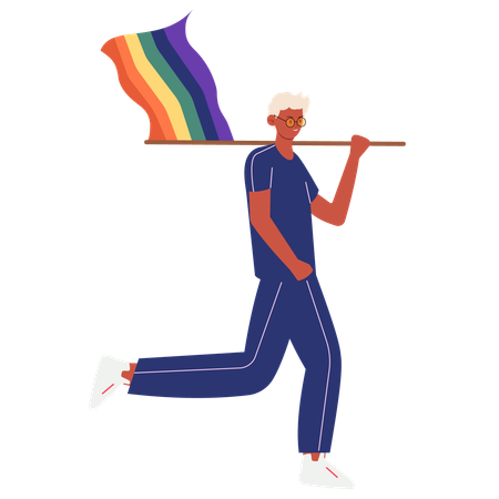 虹の旗を持って走る人  イラスト