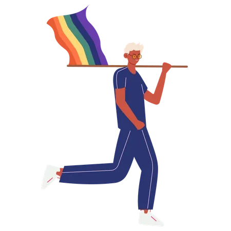 虹の旗を持って走る人  イラスト