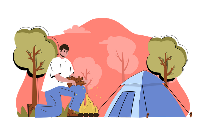 Person, die Holz für ein Lagerfeuer sammelt  Illustration