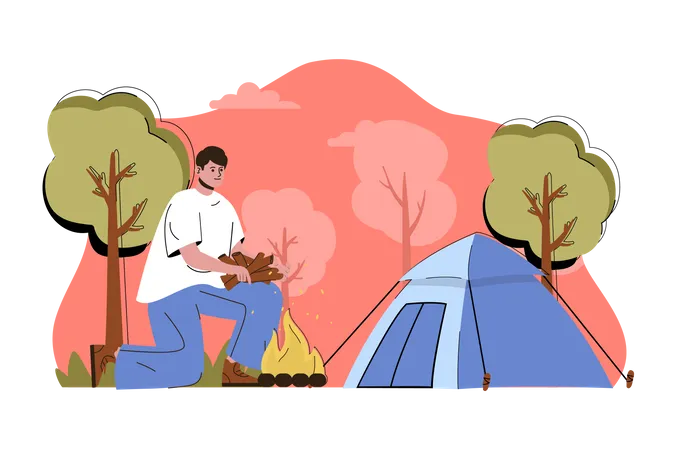 Person, die Holz für ein Lagerfeuer sammelt  Illustration