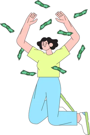 Business Woman Or Character With Money Happy Successfull Employee Jump Happily Among Cash Or Paper Money Financial Well Being And Stability Person Satisfied With Her Salary And Financial Wealth Illustration